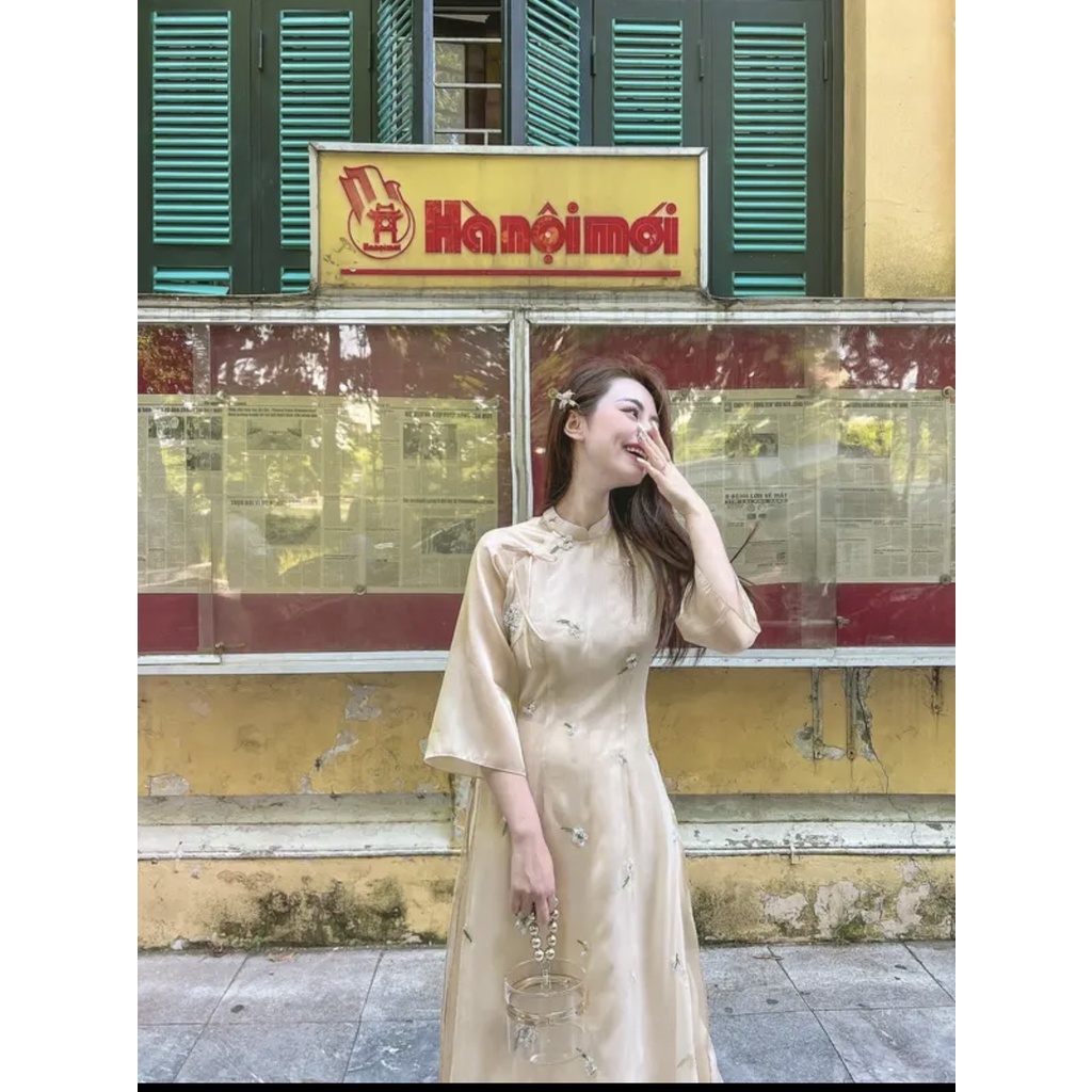 Áo dài cúc chi cách tân may sẵn voan tơ thêu 4 tà cao cấp siêu đẹp cho nàng diện Tết 2023 giá rẻ saam