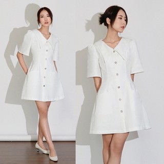 Váy dáng chữ A cài cúc chiết eo xoè nhẹ tay phồng chất liệu kaki chun co giãn - Yo shirt dress Caffeine Studio
