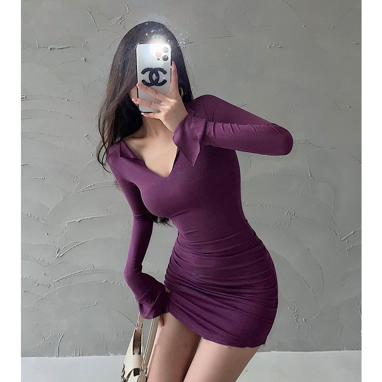 Đầm Thun Tay Dài Cổ Chữ v Ôm Dáng Quyến Rũ Dành Cho Nữ