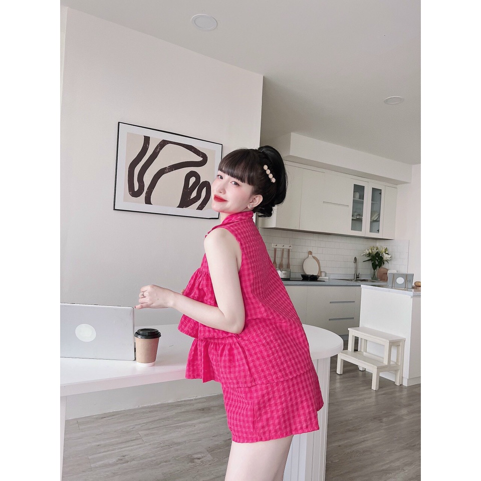 [11.11 Sale Freeship] Set bộ tiểu thư nữ,set đũi xốp áo cổ bẻ tầng mix quần sooc đùi kẻ caro đi chơi dạo phố dễ thương