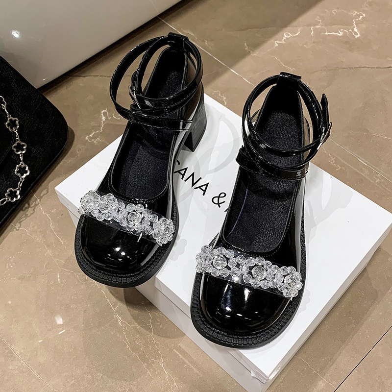 Giày mũi tròn IELGY gót thấp đính đá phong cách phong cách Anh quốc thời trang cho nữ