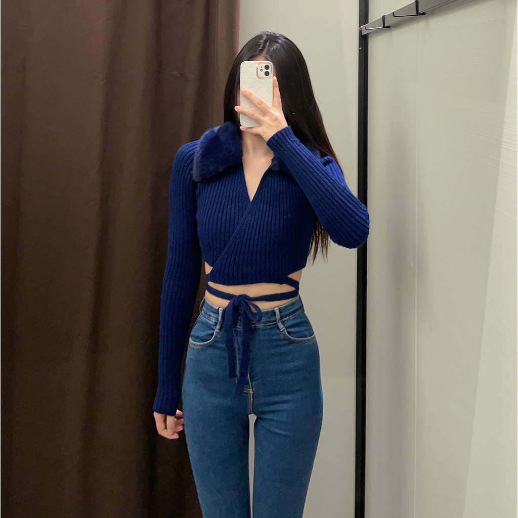 Áo Khoác Cardigan Zara Cổ Bẻ Cột Dây Phối Lông Nhân Tạo Thời Trang Cho Nữ 226873101Phong Cách Mới