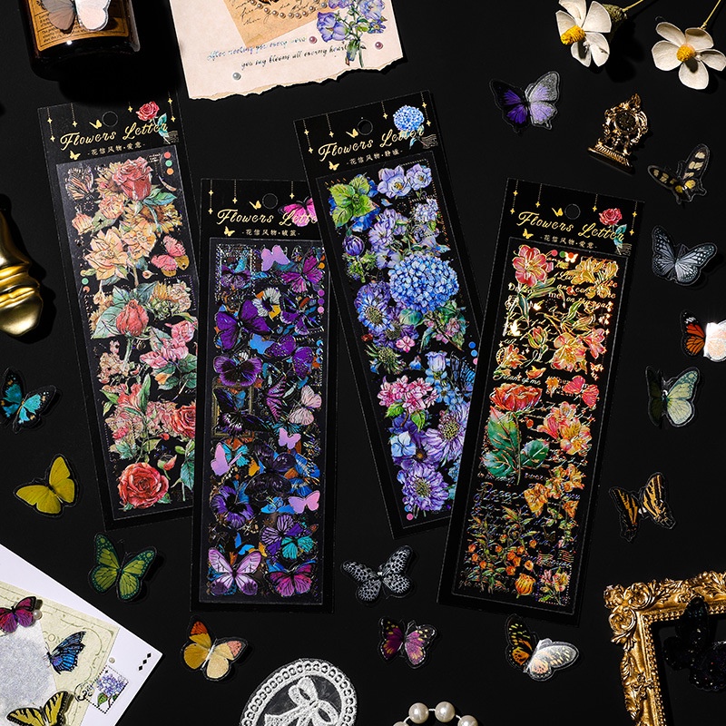 Imoda Bộ 4 Miếng Dán PET In Nổi Họa Tiết Hoa Phong Cách Retro Sáng Tạo Trang Trí Sổ Tay