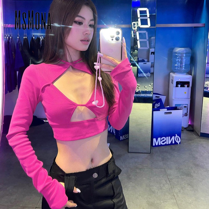 MsMona Áo Croptop Tay Dài Dáng Ôm Màu Trơn Khoét Lỗ Thời Trang 2022 Quyến Rũ Cho Nữ