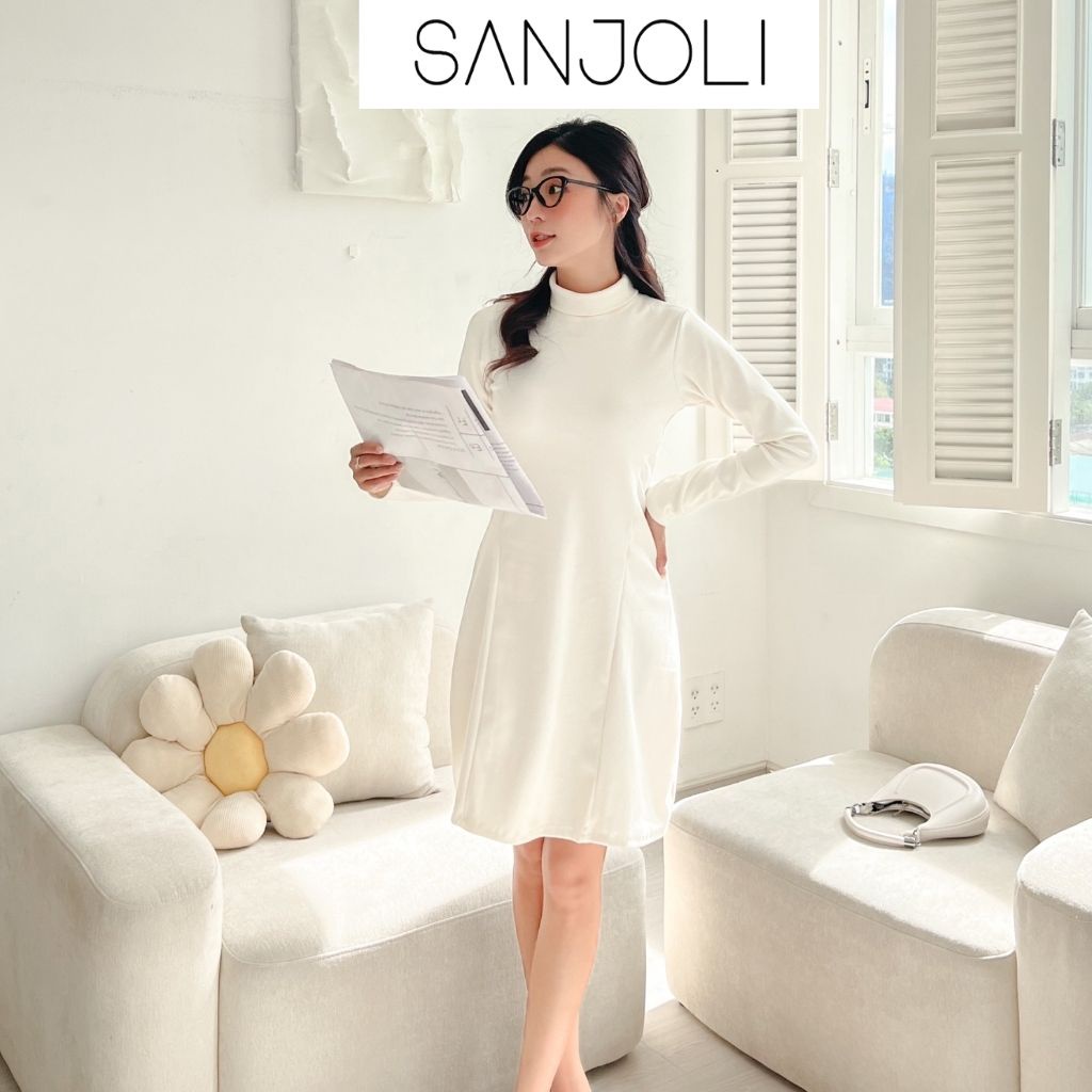 Đầm body tay dài nữ Sanjoli váy len dáng ngắn chữ a cổ lọ đơn giản thời trang thu đông VDE03
