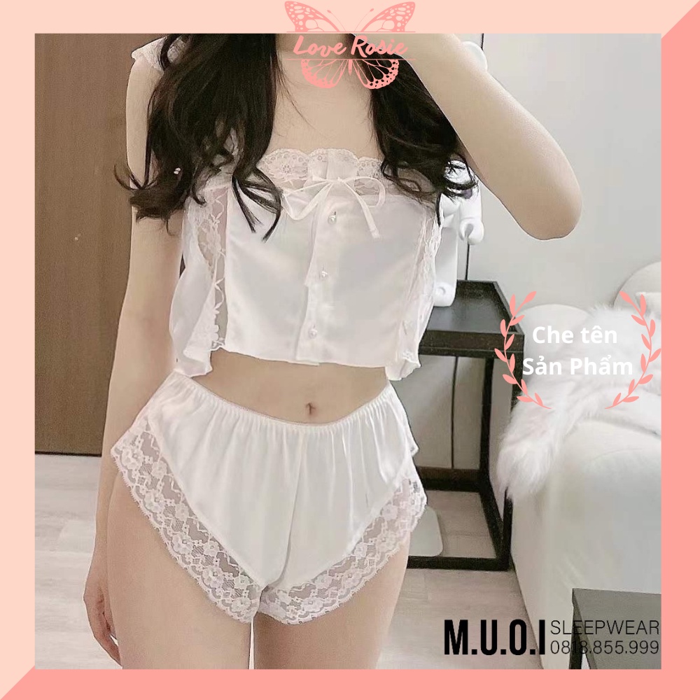 Bộ đồ ngủ lụa sexy phối ren cúc hạt ngọc mix được 2 kiểu, đồ ngủ nữ lụa cao cấp ngọc LOVE ROSIE S04