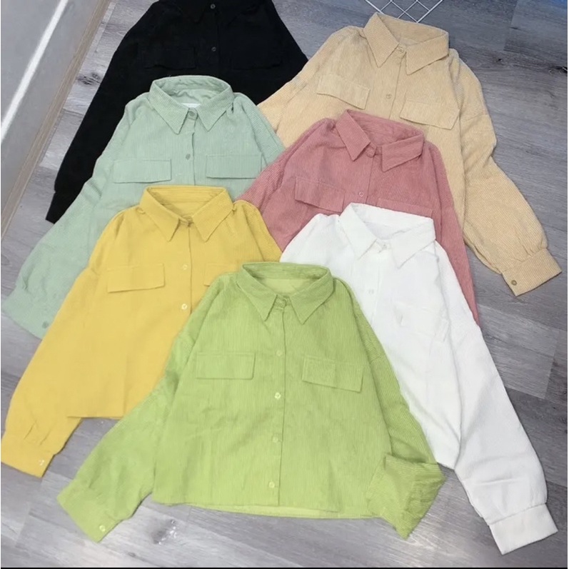 Áo sơ mi  nhung tăm tay bồng nắp túi dáng lỡ❤️dễ phối đồ