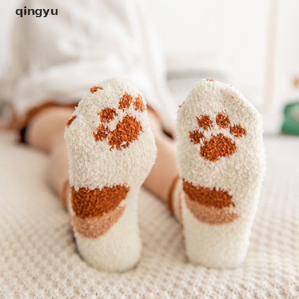 Vớ Lông Cừu San Hô Dày Ấm Áp Mềm Mại Hình Chân Mèo Dễ Thương Cho Nữ