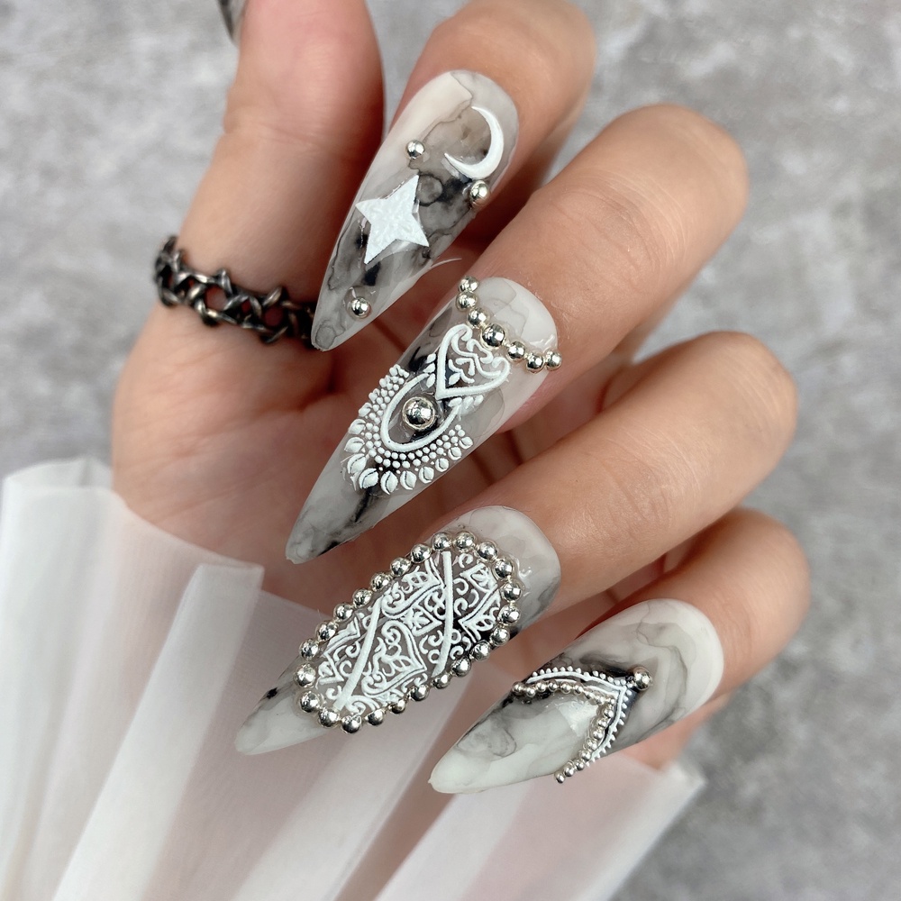 Miếng Dán Trang Trí Móng Tay 5D Họa Tiết Ren Trắng Nâu Ngôi Sao Mặt Trăng Trượt Saw-5D