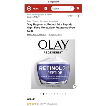 Kem dưỡng ẩm làm sáng da,ngăn ngừa nếp nhăn ban đêm Olay Retinol24 + Peptide Night Moisturizer 48g USA