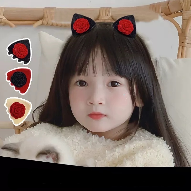 Kẹp Tóc Hình Tai Mèo Hai Mặt Màu Trơn Phong Cách Retro Cho Nữ