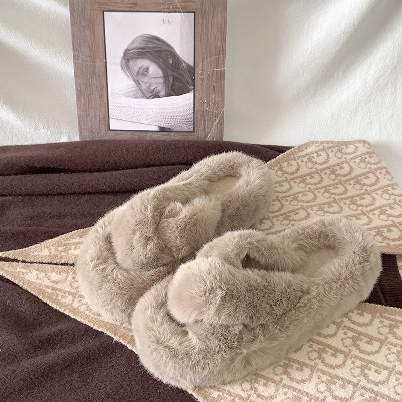 Hàng Có Sẵn Dép Quai Chéo Lông Xù Đế Dày Thời Trang Thu Đông Mới Cho Nữ