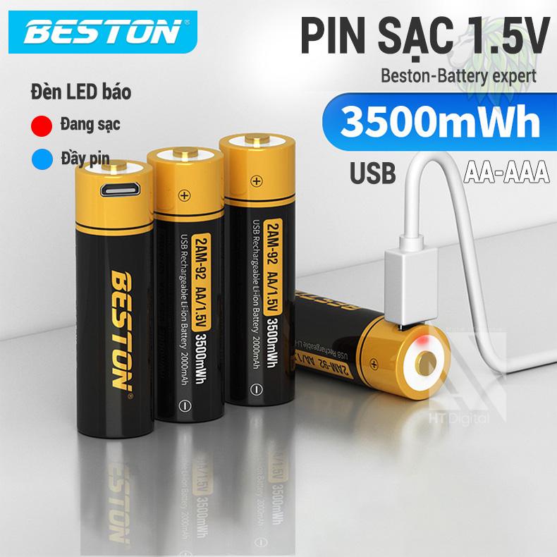 Pin sạc 1.5V AA AAA USB Beston Lithium dung lượng lớn đến 3500mWh cho Micro karaoke, máy đo huyết áp (Vỉ 02 Pin)