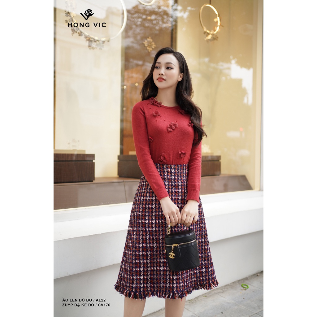 Áo len nữ thiết kế Hong Vic đỏ bo dài tay AL22