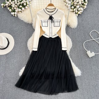 #2434 [Order] Đầm len be mix phần tà đen thanh lịch Hàn Quốc
