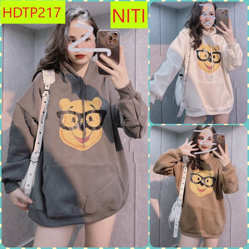 ÁO KHOÁC NỮ HOODIE NỈ NGOẠI NỮ CHUI ĐẦU IN CON GẤU ĐEO KÍNH MÀU XÁM NHẠT NÂU KEM DỄ THƯƠNG NITIQC