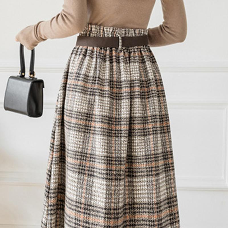 Qooth Thu Đông Vintage Ca Rô Len Dài Váy Thanh Lịch Lưng Thun Cao Cấp Houndstooth Váy Chữ A QT1990