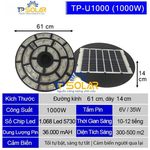 Đèn Sân Vườn Năng Lượng Mặt Trời UFO TP Solar TP-U1000 Công Suất Lớn 1000W  Chiếu Sáng 360 Độ, Chống Nước IP67