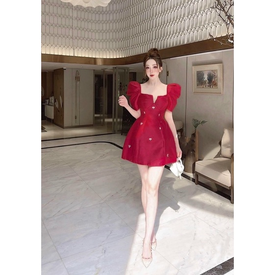 Đầm váy tafta nhũ đính nơ xoè tay phồng/bồng cúp ngực thời trang hot girl thiết kế tiểu thư sang trọng công chúa dự tiệc