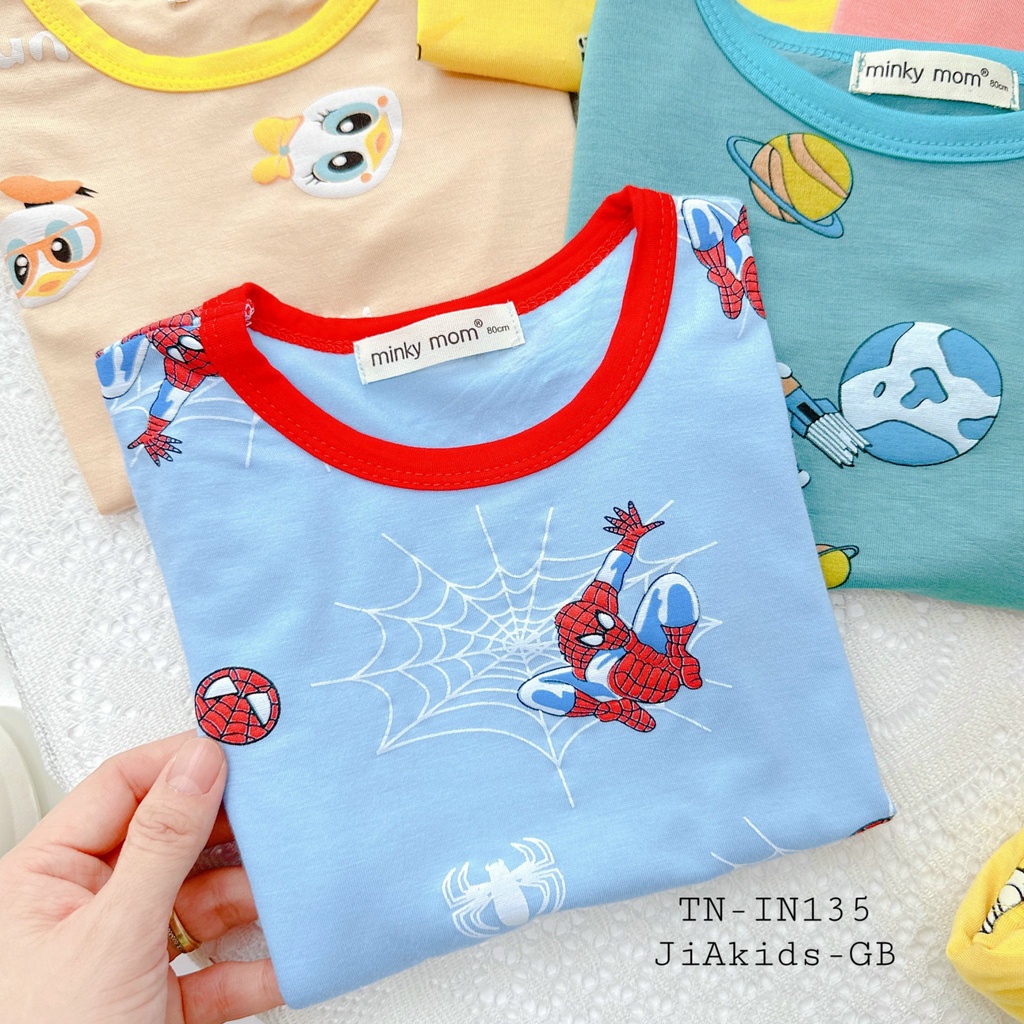 Bộ Cộc Tay THUN LẠNH MINKY MOM In Hình Toàn Thân Phối Màu Viền Cổ Dễ Thương Cho Bé TN-IN135