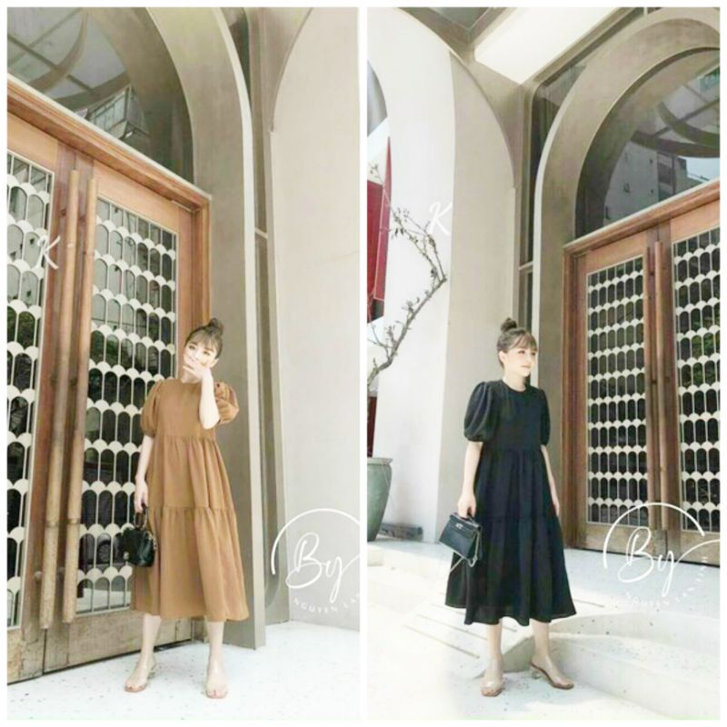 Đầm nữ thời trang mix dự tiệc chất kate cổ tròn tay ngắn có bo váy đầm xòe dài qua gối có 2 màu