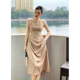 Váy sát nách cổ tròn túi sườn be 2 bên rúm bụng,váy rút eo.MinhThuShop.