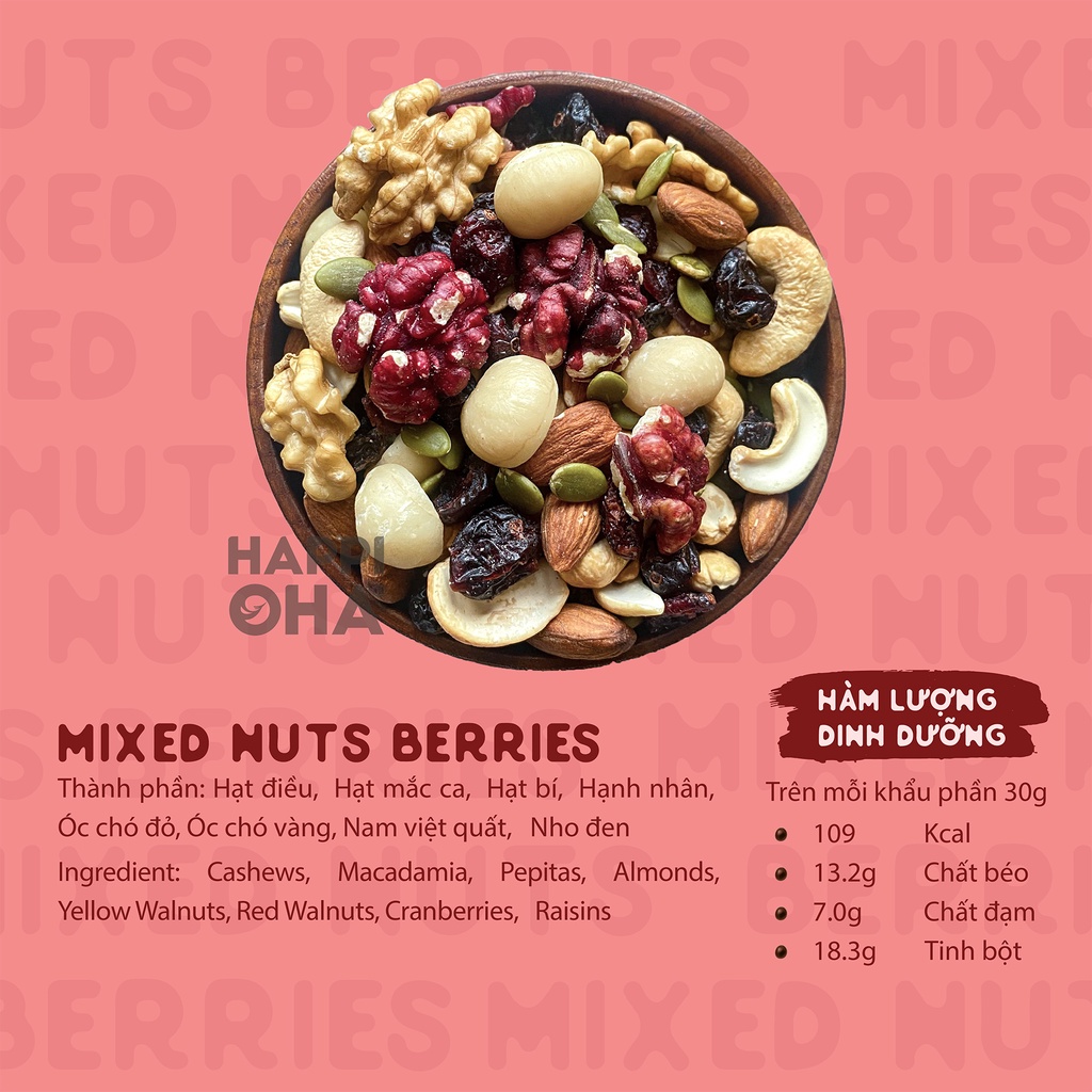 Mixed Nuts Berries HAPPI OHA - Hỗn Hợp 8 Loại Hạt Và Quả Mọng Túi Dùng Thử 30g