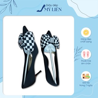 Giày cao gót nơ kẻ caro 7 phân mũi nhọn, gót nhọn - giày dép mỹ liên