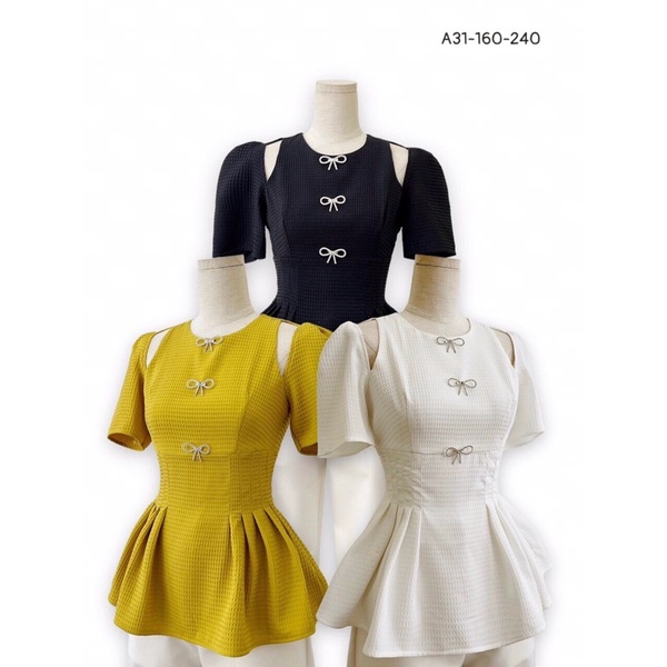 Áo peplum khoét vai đính tag nơ xoè hông - A31 - sang trọng, thanh lịch, thích hợp đi học, đi làm, đi dạo phố