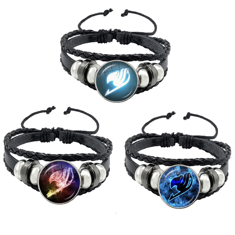 Vòng Tay Da Mặt Thủy Tinh Cabochon Hình Logo Fairy Tail Guild Màu Đen Hồng Phong Cách Punk Cho Cặp Đôi
