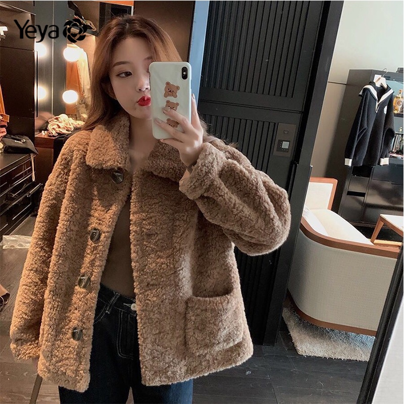 Áo khoác YEYA chất liệu len lông cừu tay dài dáng rộng phong cách Hàn Quốc cho nữ