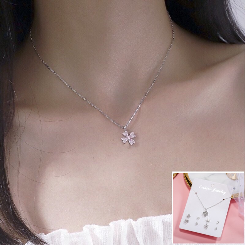 [L2M] SET 5 MÓN gồm dây chuyền mặt CỎ BỐN LÁ và 4 cặp bông tai thời trang phong cách Hàn Quốc sang trọng may mắn