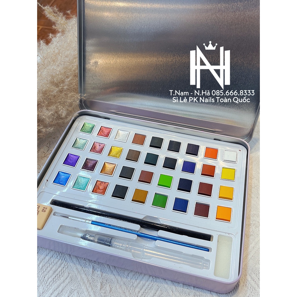 Set màu nước vẽ móng 36 màu dạng nén, màu nhũ khô vẽ nail, tán loang, vẽ móng nghệ thuật