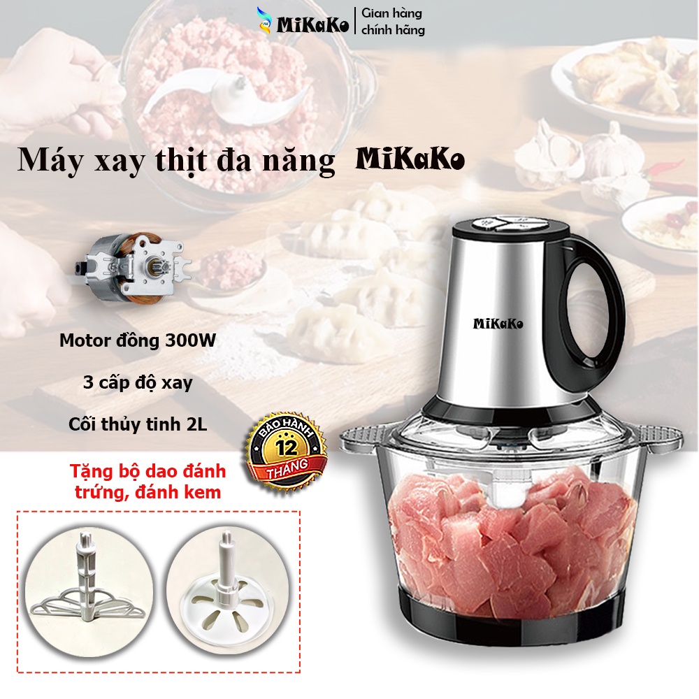 Máy xay thịt đa năng MiKaKo MKM-T83 300W- Cối Thủy Tinh 2 Lit - Hàng chính hãng BH 12 tháng. Tặng bộ dao đánh kem