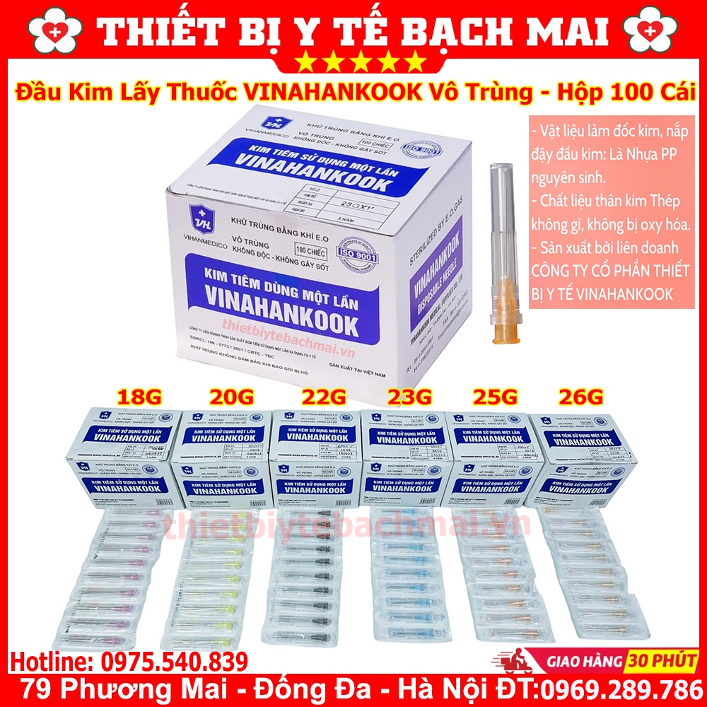 ĐẦU KIM TIÊM, KIM LẤY THUỐC VINAHANKOOK HỘP 100 CÁI SỐ 18G, 20G, 22G, 23G