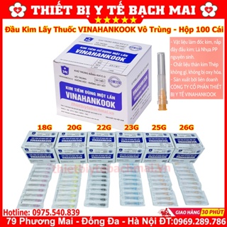 ĐẦU KIM TIÊM, KIM LẤY THUỐC VINAHANKOOK HỘP 100 CÁI SỐ 18G, 20G, 22G, 23G