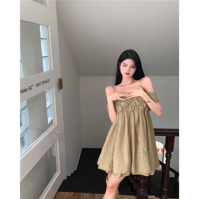 Váy babydoll trễ vai màu rêu cá tính AK3149