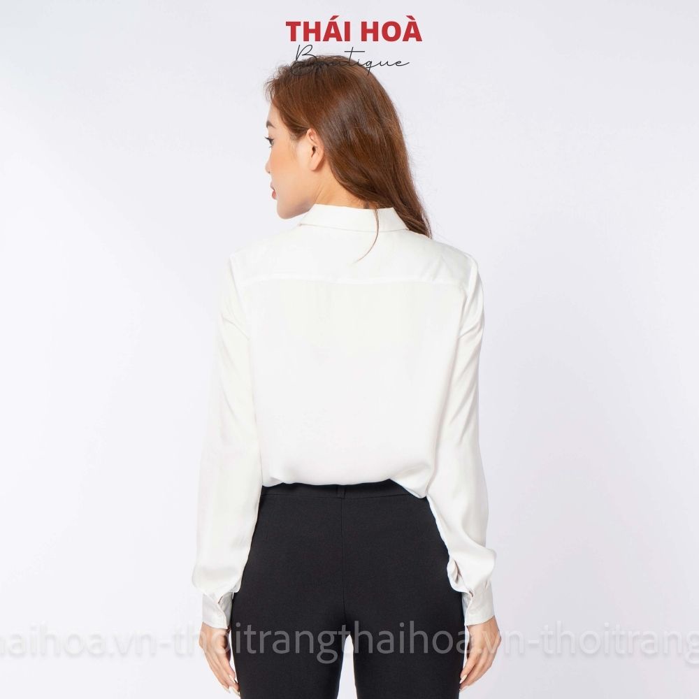 Áo sơ mi nữ lụa công sở màu trắng dài tay thiết kế kiểu dáng thanh lịch Thái Hòa 8883-01-01