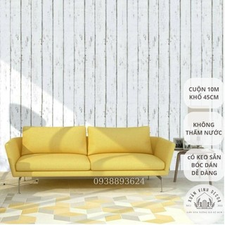 Giấy dán tường giả gỗ trắng sọc Xuân Vinh Decor rẻ đẹp cuộn dài 10m khổ 45cm có keo sẵn