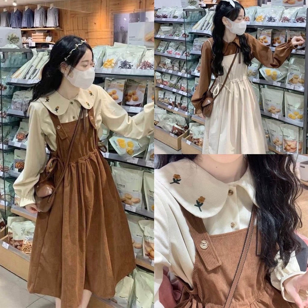 : Sét Váy Yếm + Áo Sơ Mi Cổ Sen 2 Màu Siêu Cute kèm ảnh thật trải sàn [LOLLA_YE_FASHION]