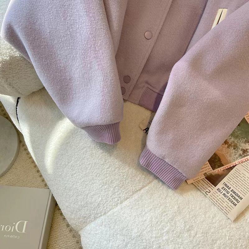 Áo Khoác Bóng Chày Cao Cấp Dáng Rộng Màu Tím Nhạt Phong Cách Retro Thanh Lịch Cho Nữ