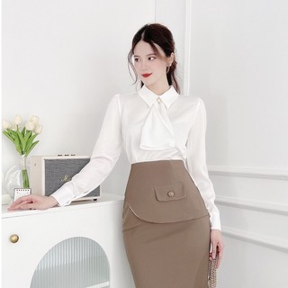 Áo sơ mi lụa cổ đức bèo yếm, áo thiết kế dài tay đính khuy A933 KYMIE