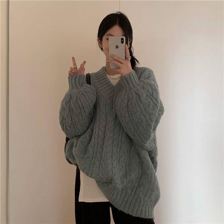 Áo sweater Dệt Kim Cổ Chữ V Dáng Rộng Thời Trang Thu Đông Cho Nữ