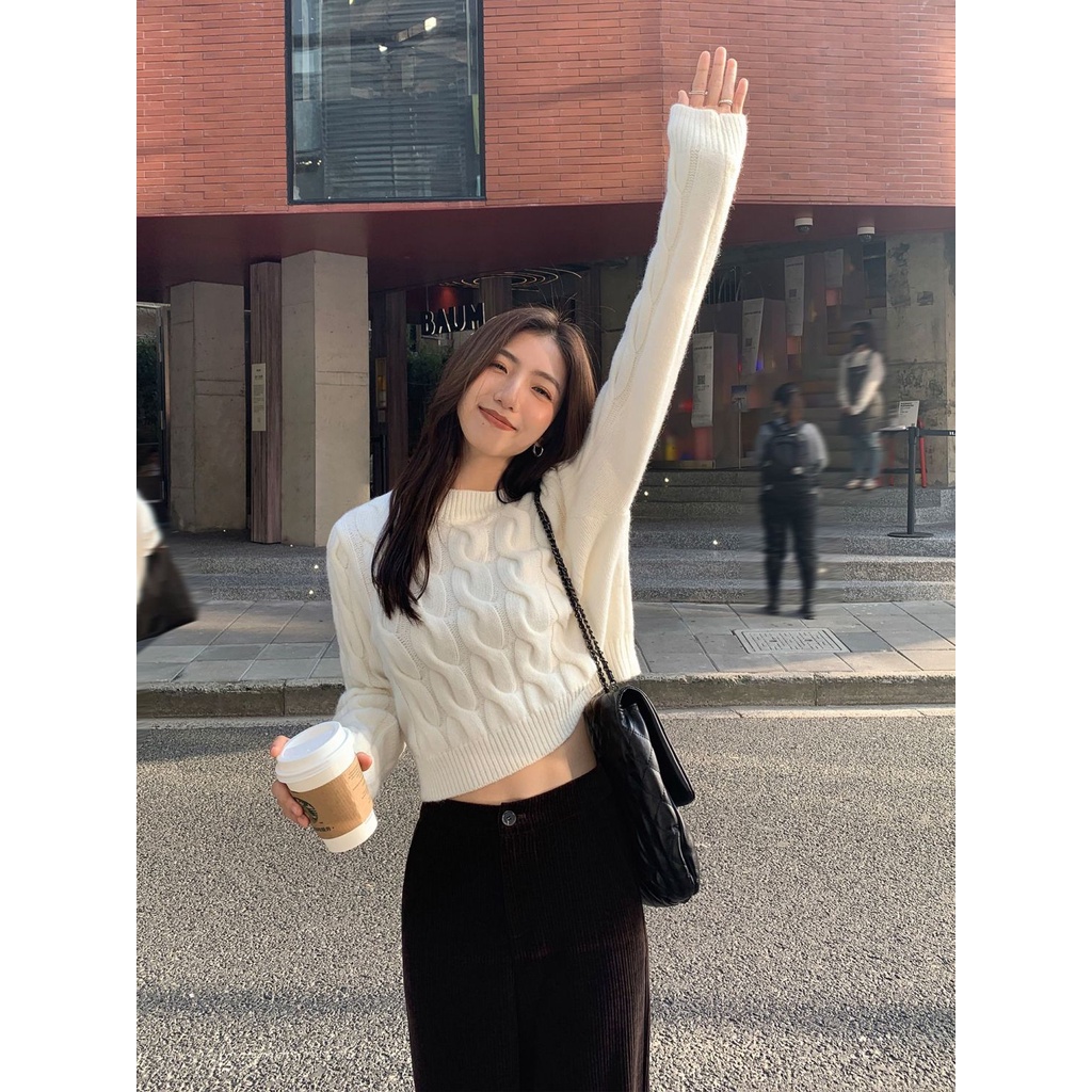 Áo Sweater Dệt Kim Dáng Ngắn Màu Xanh Dương Thời Trang Thu Đông Mới Cho Nữ