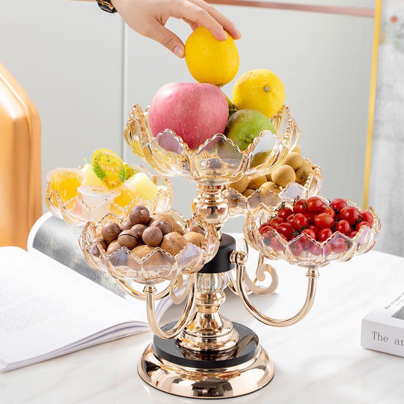 Khay Mứt Tết thuỷ tinh 5 cánh cao cấp trang trí ngày Tết - Hộp đựng bánh kẹo pha lê trong suốt, xoay 360 độ