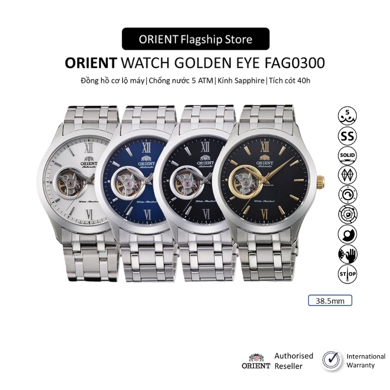 Đồng hồ nam Orient Watch Golden Eye FAG0300 máy lộ cơ automatic mặt kính Sapphire chống xước dây thép đeo tay chính hãng