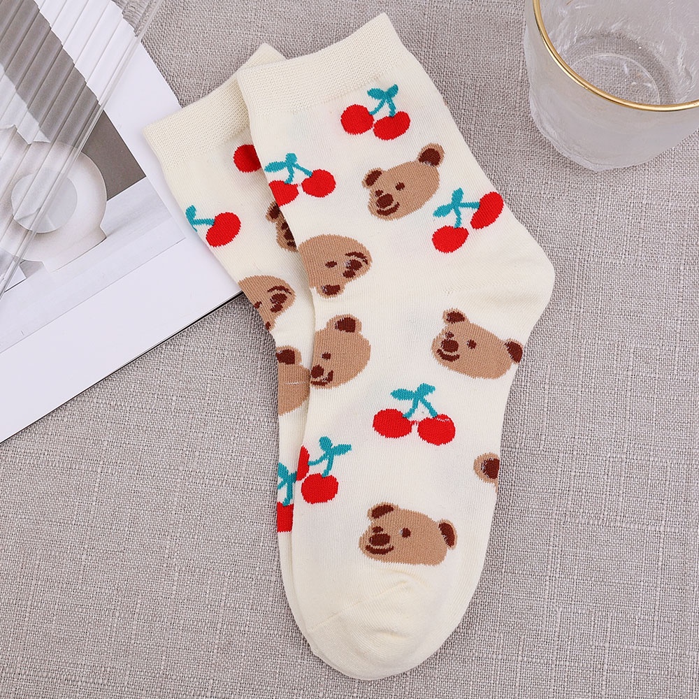 1 Đôi Vớ Cotton Mềm Cổ Vừa Thoáng Khí Thoải Mái In Họa Tiết Trái Cây / Mặt Cười / Gấu Dễ Thương