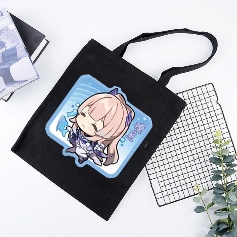 Túi tote vải đen trắng in hình GENSHIN IMPACT ver CHỮ NHẬT CHIBI game anime chibi tiện lợi thời trang đeo vai