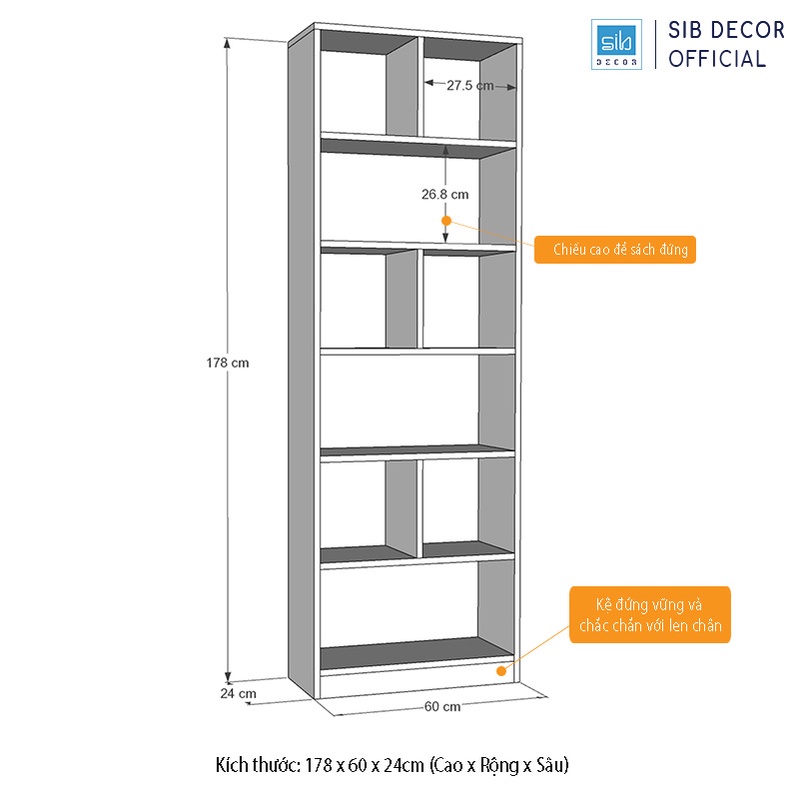 Set 3 Kệ Sách Gỗ Đơn Giản 178x24x180cm Thương Hiệu SIB Decor Màu Trắng, Vân Sồi