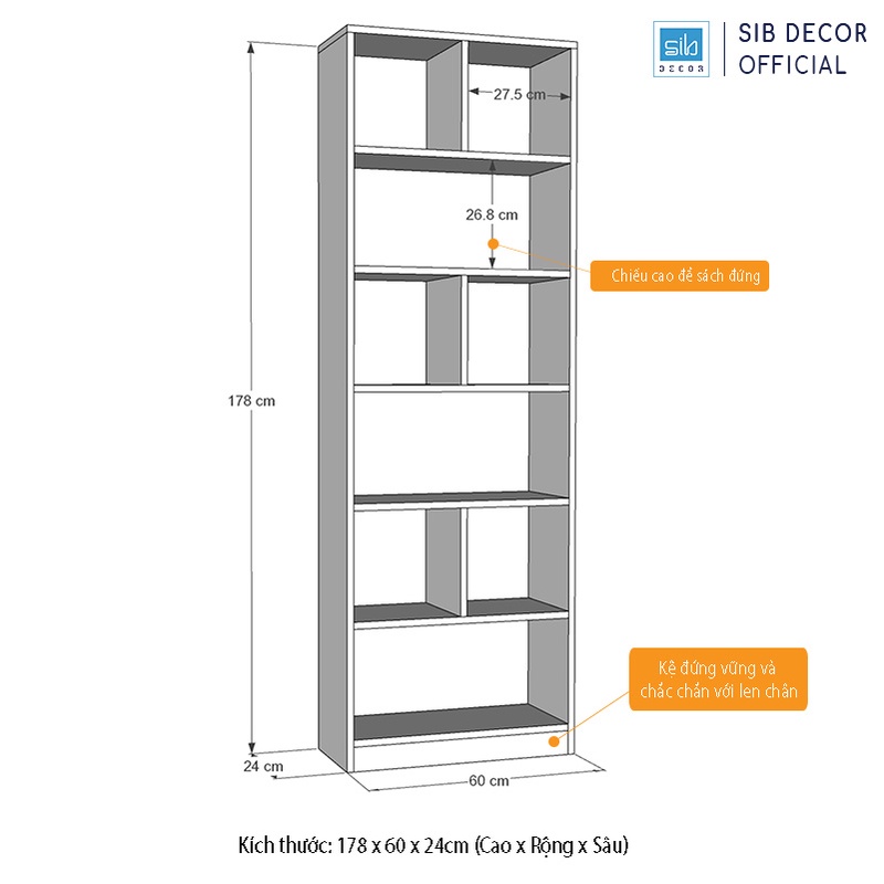 Set 3 Kệ Sách Gỗ Đơn Giản 178x24x180cm Thương Hiệu SIB Decor Màu Trắng, Vân Sồi (Oak)